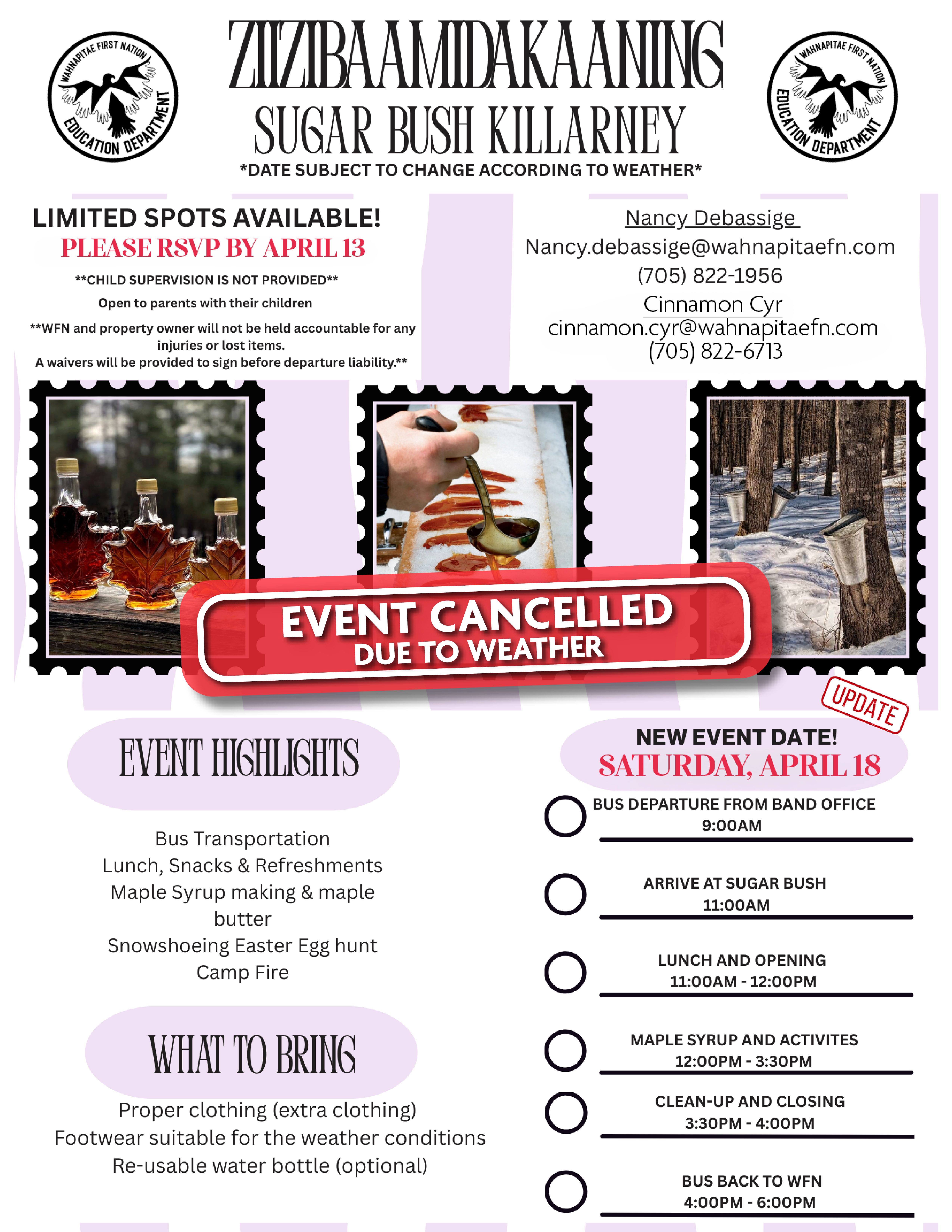 Sugar Bush Trip cancelled